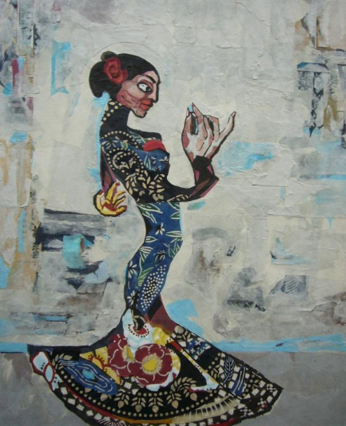 Colorful figure in traditional dress dancing.